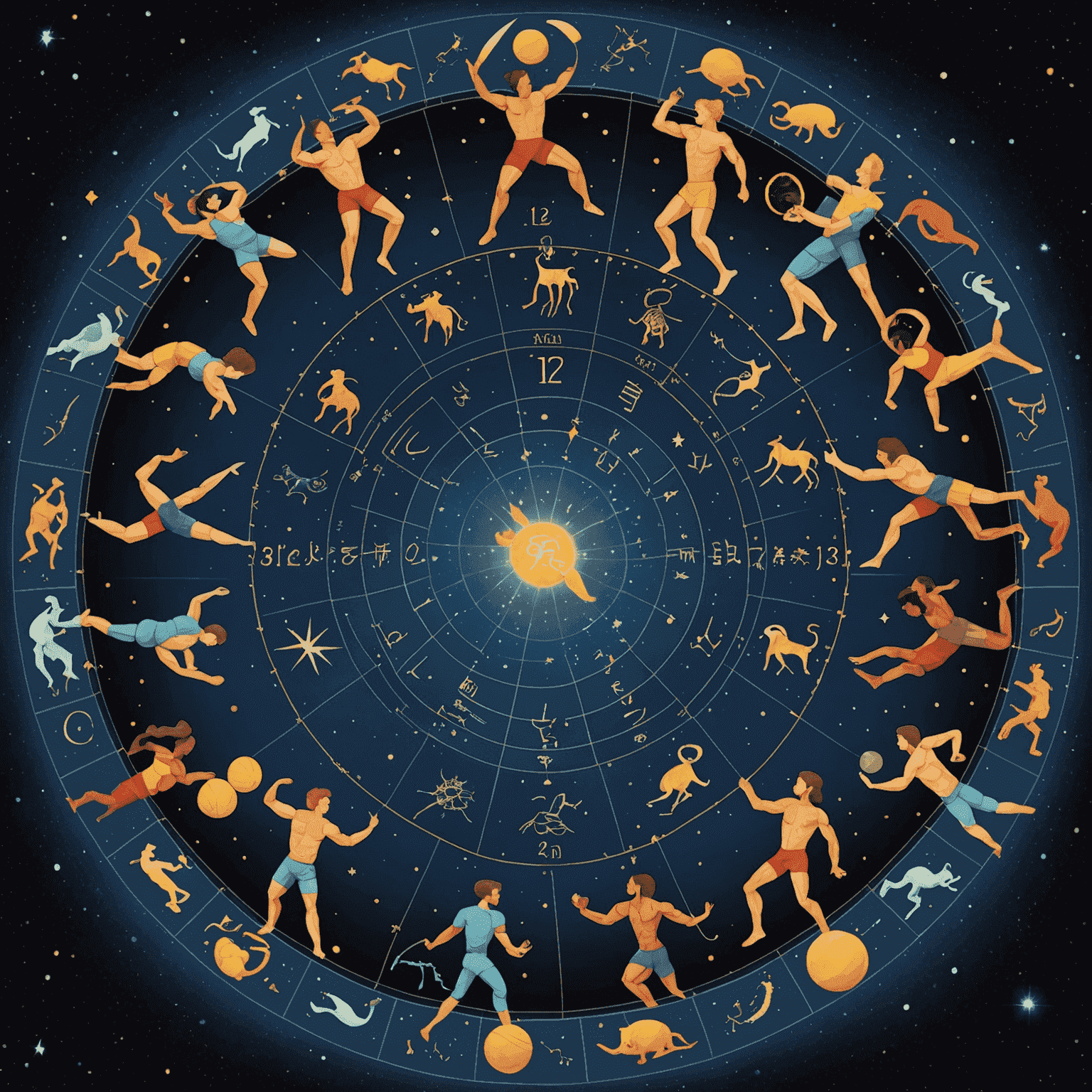 Une image représentant les 12 signes du zodiaque disposés en cercle, chacun associé à un athlète pratiquant un sport différent. L'arrière-plan est un ciel étoilé avec des constellations visibles.