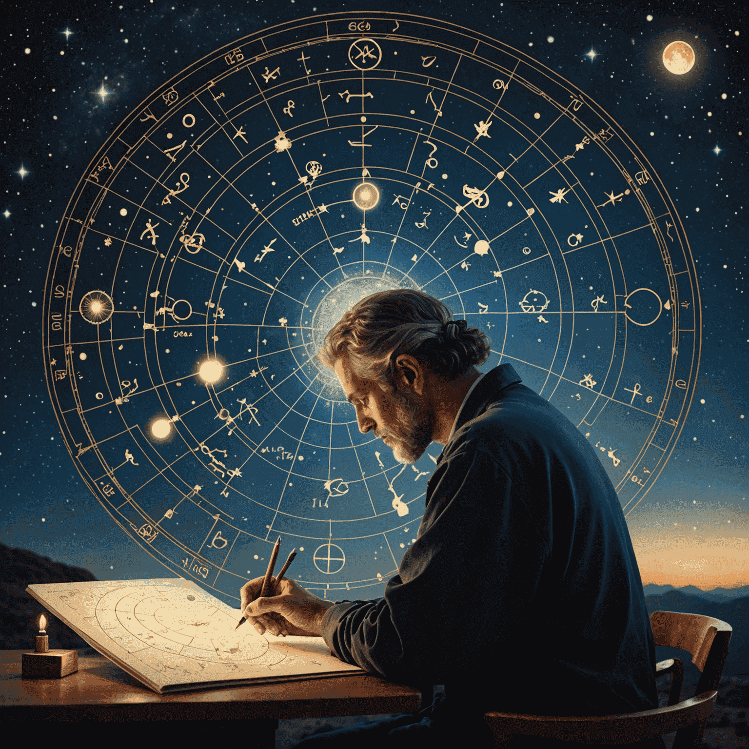 Une image représentant un astrologue étudiant une carte du ciel personnalisée avec des symboles zodiacaux brillants et des constellations en arrière-plan