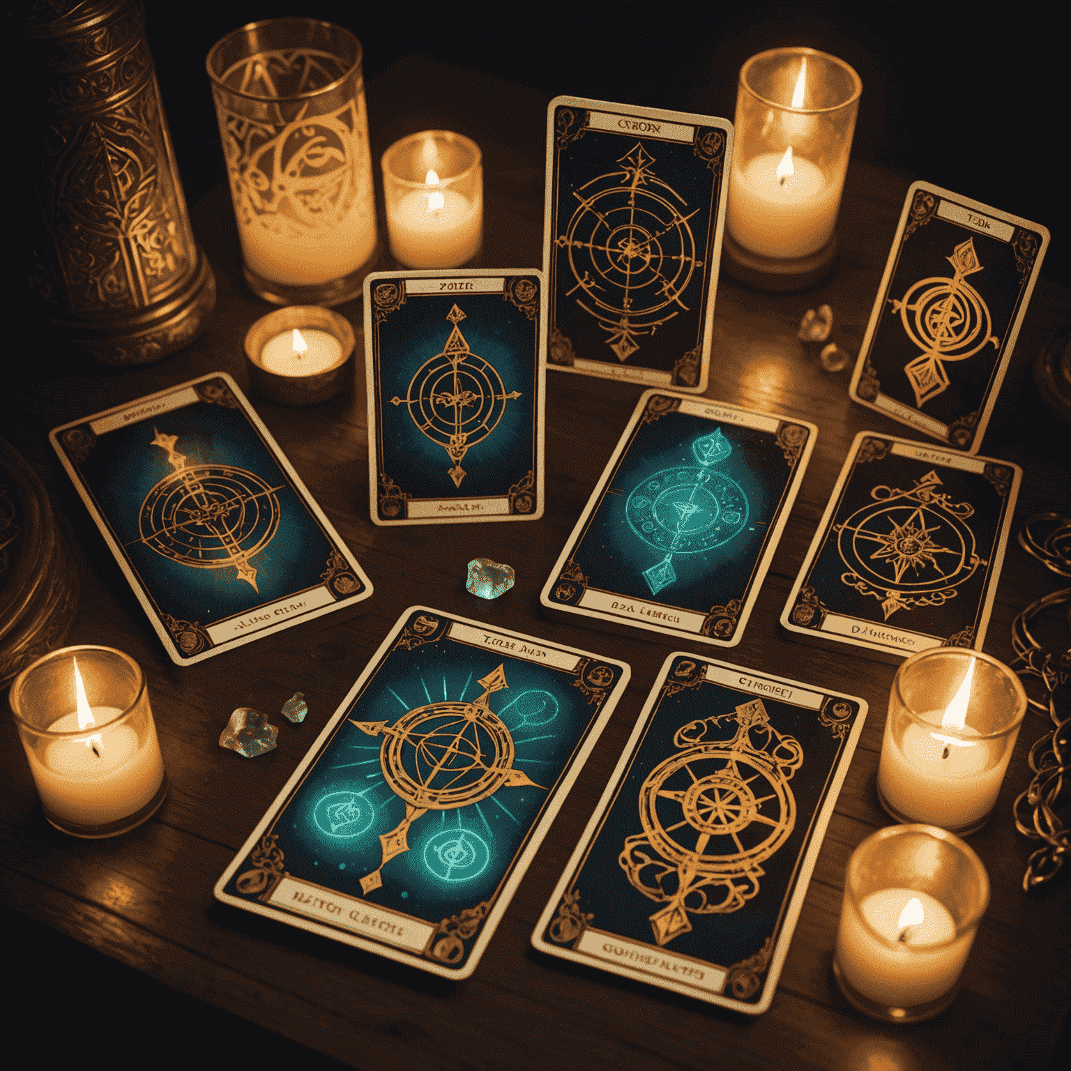 Une image montrant un étalage de cartes de tarot mystiques avec des symboles ésotériques brillants